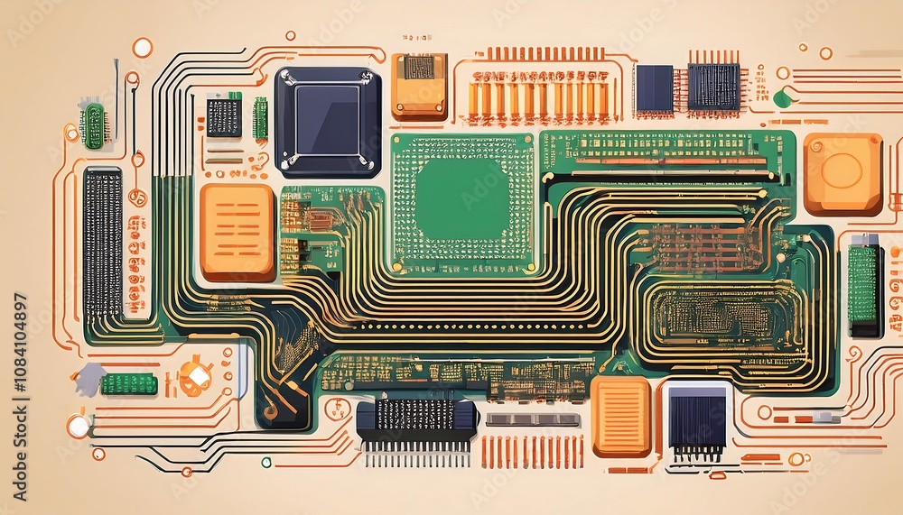 Poster  Circuit boards and computer hardware components on a light beige backdrop with flat vec_1(390)