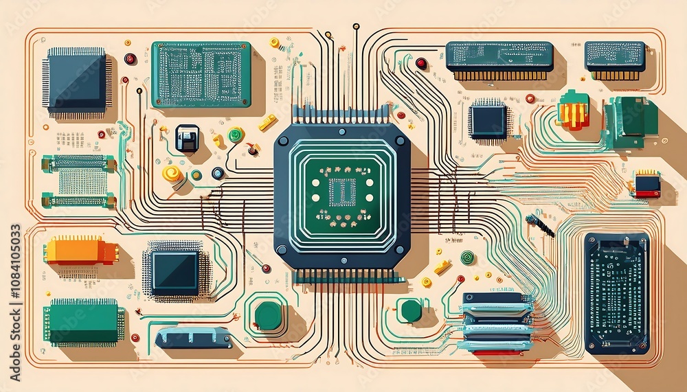 Poster  Circuit boards and computer hardware components on a light beige backdrop with flat vector _1(389)