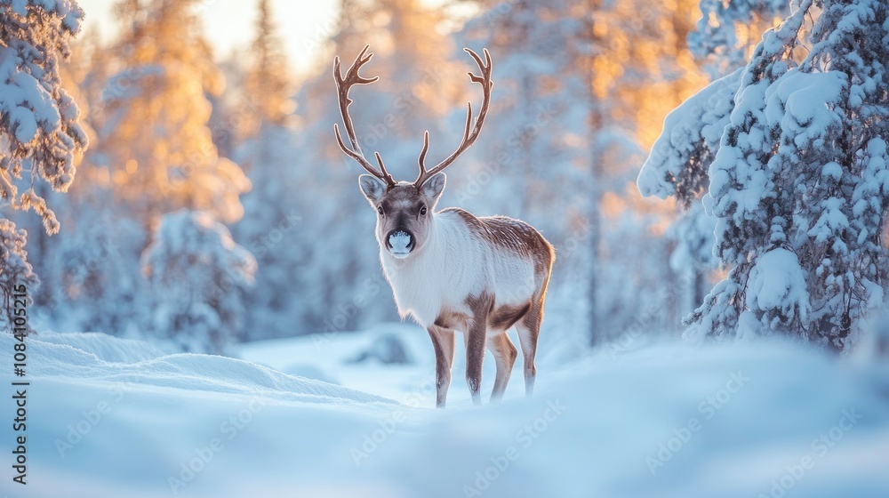 Poster a reindeer stands in a snowy forest with golden light filtering through the trees.