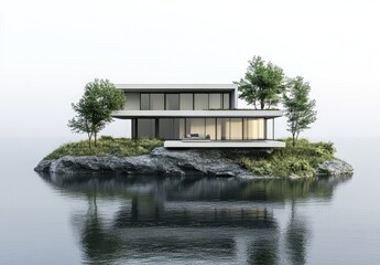 3D rendering of a modern house with a garden, isolated on a gray background, side view