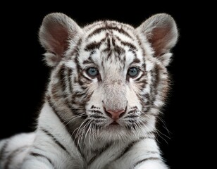 Fototapeta premium white tiger cub sitting for a portrait on black background