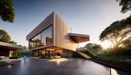 Fototapeta premium Modern Luxury Villa with Open Architecture and Lush Greenery
