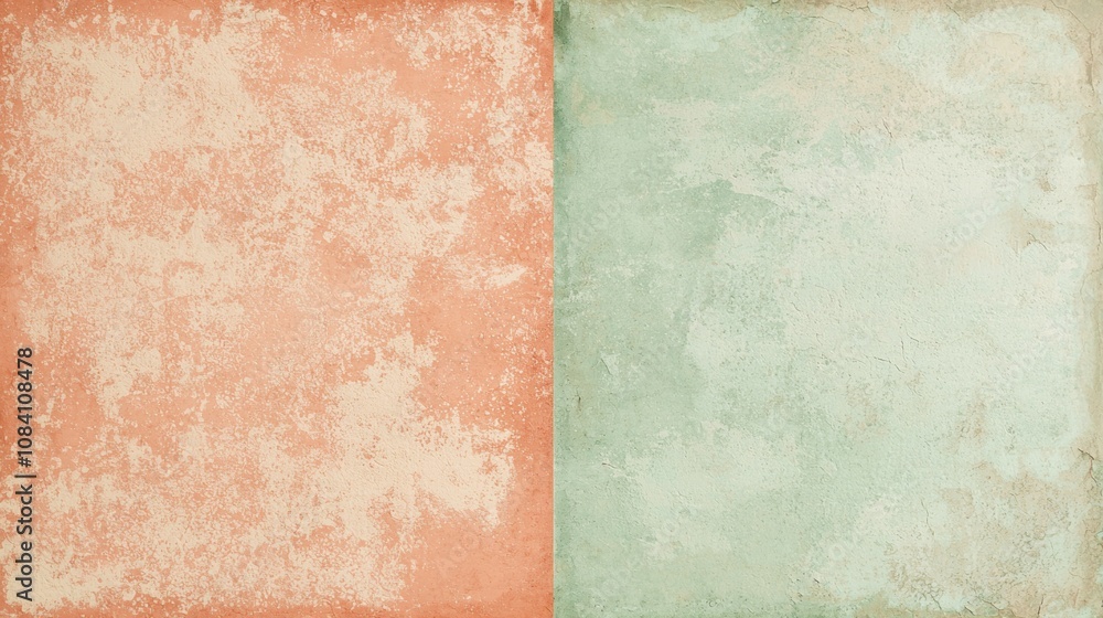 Poster Peach and green textured background creating a split screen effect with copy space, perfect for design projects or adding a vintage touch