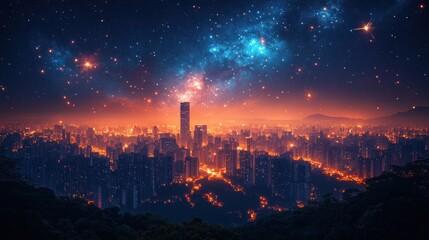 Obraz premium Night Cityscape under Starry Galaxy.