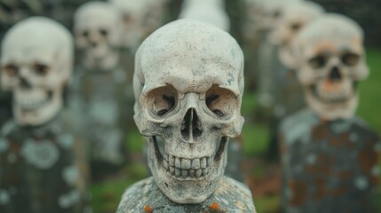 Human skull in graveyard, multiple skulls.