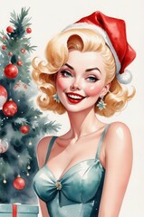 Modern Digital Illustration of Cheerful Blonde Pin-Up in Santa Hat with Christmas Tree &ndash; Festive Holiday Artwork