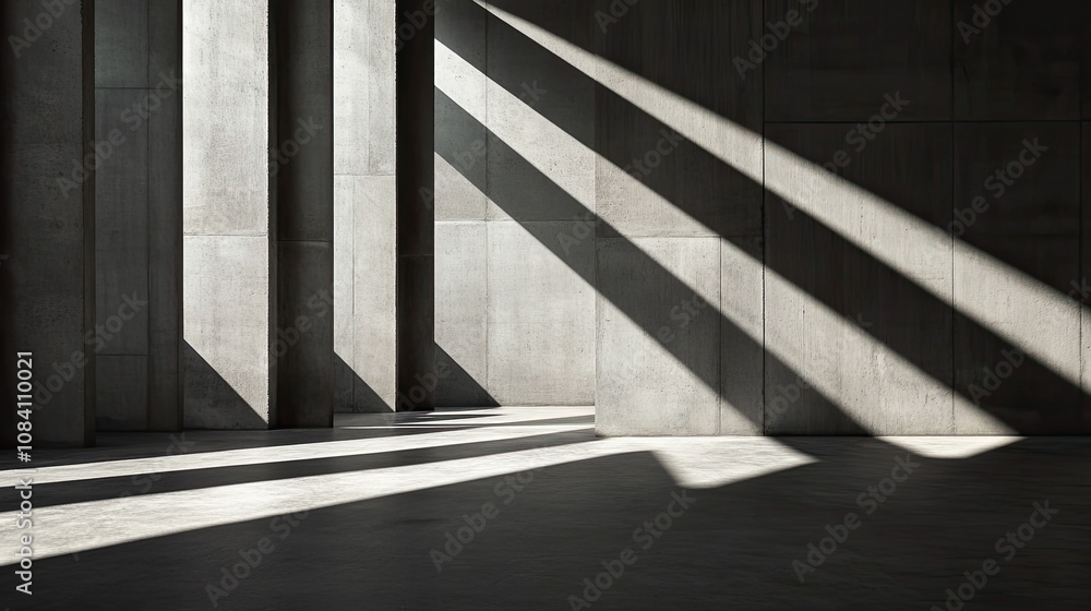 Poster sunlight streams through a concrete building, creating long shadows on the floor.