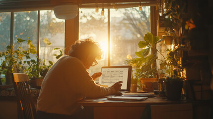 Fototapeta premium A person is working on laptop at wooden desk surrounded by plants, with sunlight streaming through window, creating warm and inviting atmosphere