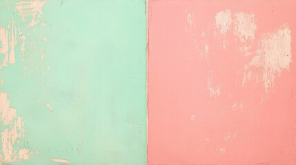 Fototapeta premium Two-tone pastel background featuring light green and pink sections with peeling paint, scratches, and a textured surface, ideal for vintage or retro designs