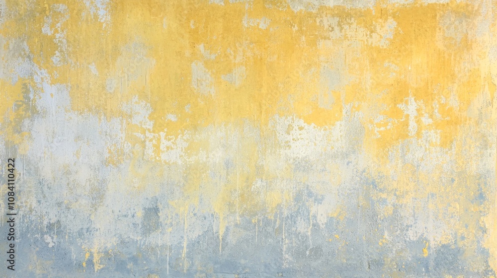Poster close-up view of a weathered wall surface displaying a blend of yellow and gray tones, creating a te