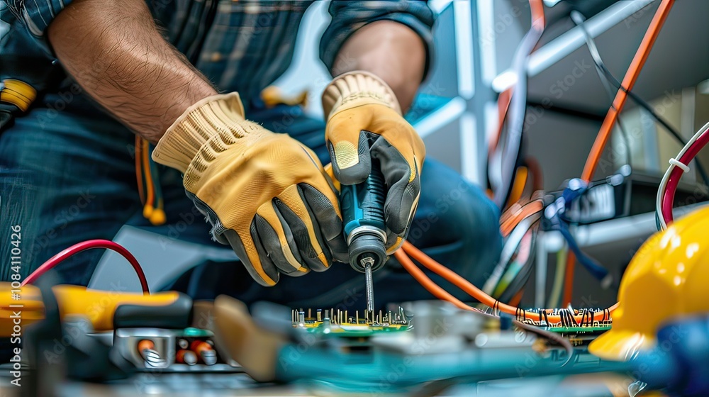 Poster electrician working on a circuit board with tools in hand.