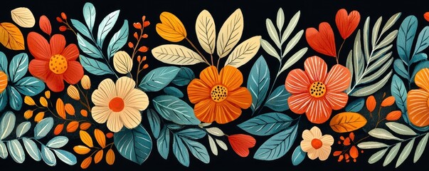 Watercolor Floral Seamless Pattern    Orange  Yellow  Blue and Red Flowers on Black Background