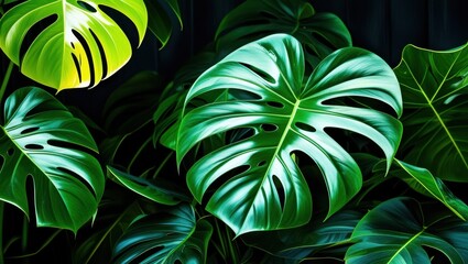 Fototapeta premium Tropical monstera leaves, vibrant green foliage, dark background, high contrast, botanical illustration, lush jungle plants, glossy leaf texture, split-leaf philodendron, macro photography, exotic flo