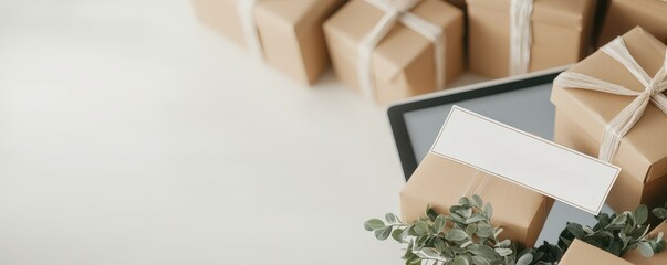 National Free Shipping Day concept. A cozy setting featuring wrapped gift boxes and greenery, perfect for celebrating special occasions or holidays.