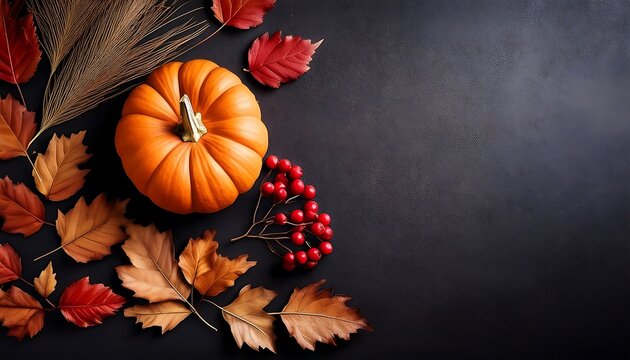  Dry leaves, red berries, and a pumpkin are arranged on a blackboard background in a fla_1(447)