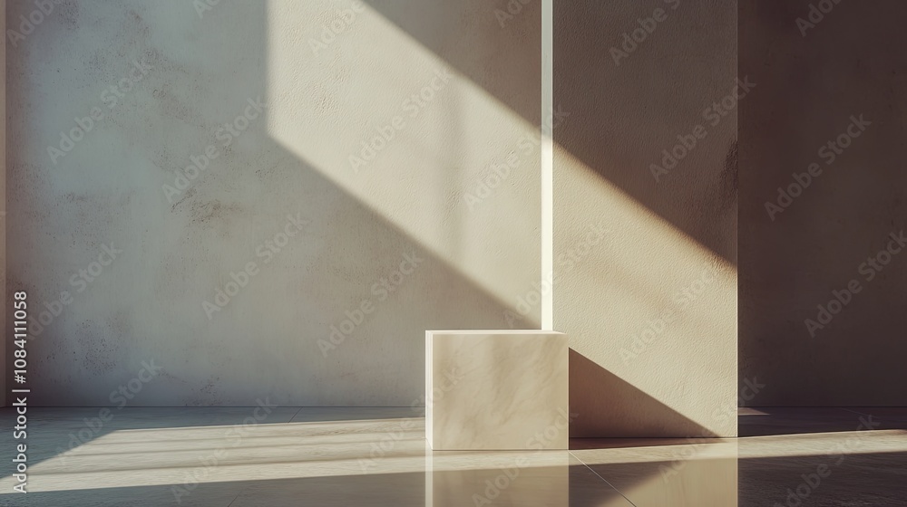 Poster minimalist product display with a marble podium and textured wall background in a modern studio sett