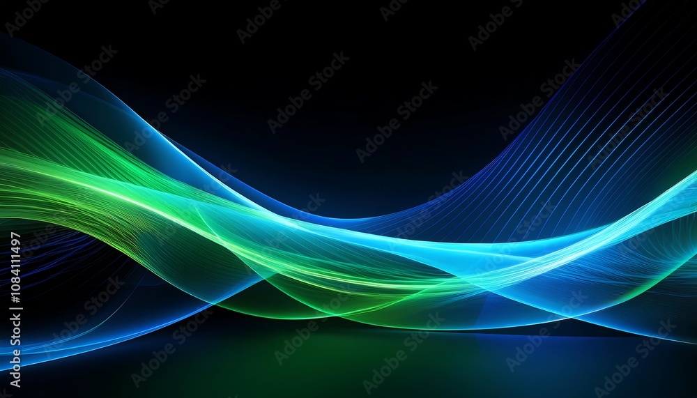 Poster electric blue and bright green neon waves create a dynamic motion effect on a dark backgrou_1(449)