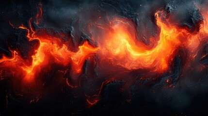 Fototapeta premium Molten lava flows across dark, rocky surface.