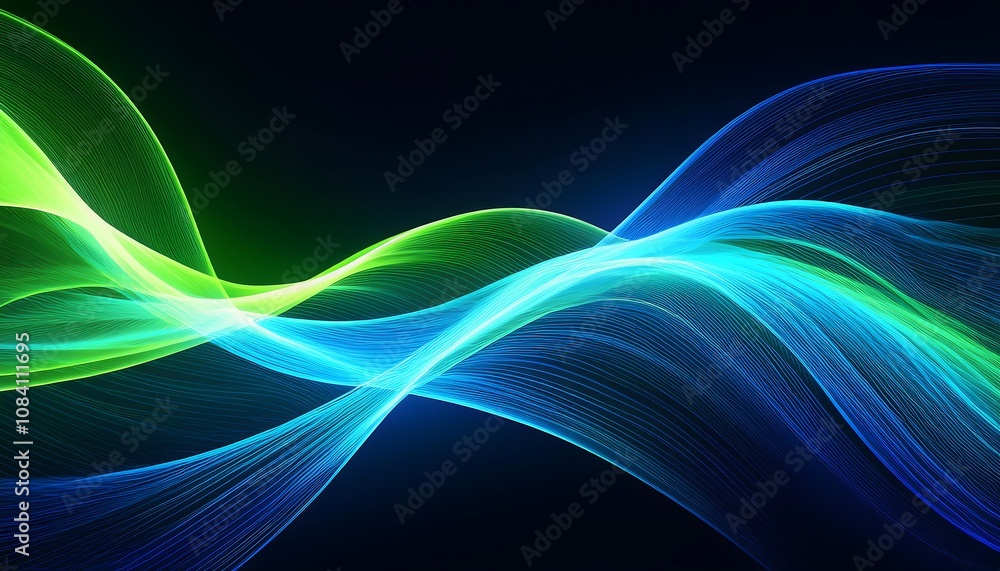 Poster electric blue and bright green neon waves create a dynamic motion effect on a dark backgrou_1(450)