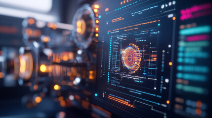 Obraz premium Futuristic digital interface displaying complex data visualizations and glowing elements, showcasing advanced technology and innovation in high tech environment