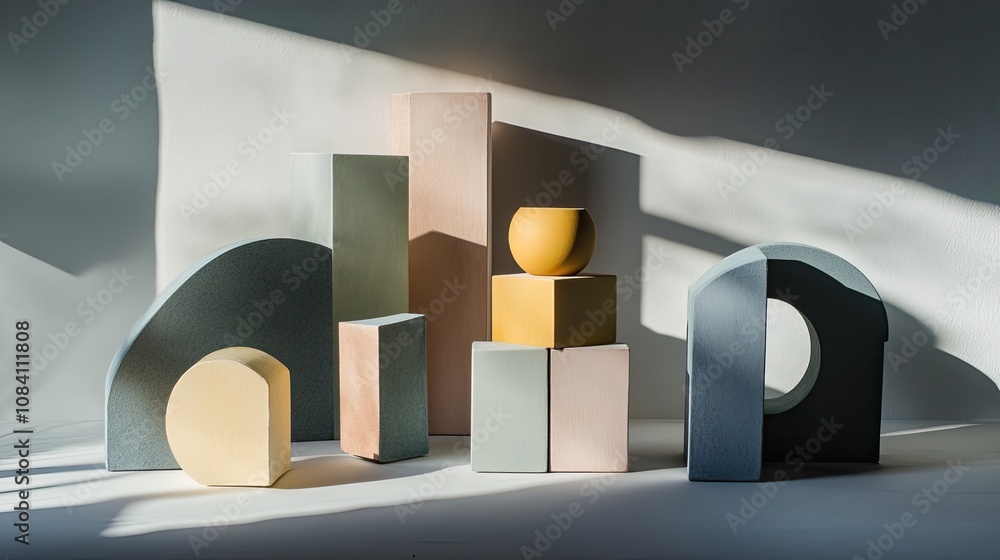 Poster abstract geometric shapes in a minimal composition with sunlight and shadows on a white background.