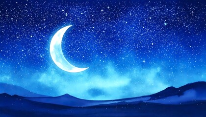 Crescent moon on abstract background of cold winter night sky with colors and shades of blue and aurora borealis. Glow of light on horizon of Nordic mountain landscape. Banner header image.