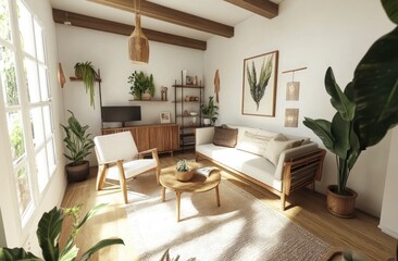 Fototapeta premium A Scandinavian-style living room with wooden furniture, white walls, and an empty canvas for copy space on the wall