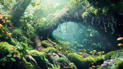 Obraz premium Artistic depiction of a biodiverse ecosystem enhanced by artificial photosynthesis technology in harmony with nature 