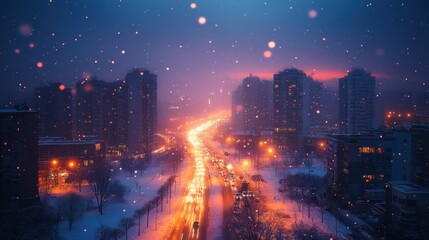 Obraz premium Snowy city night, illuminated streets.