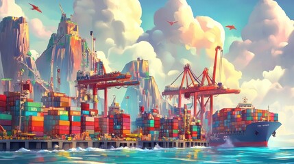 Busy Container Yard with Cranes and Colorful Containers Under a Cloudy Sky in Vibrant Daylight Operation Scene