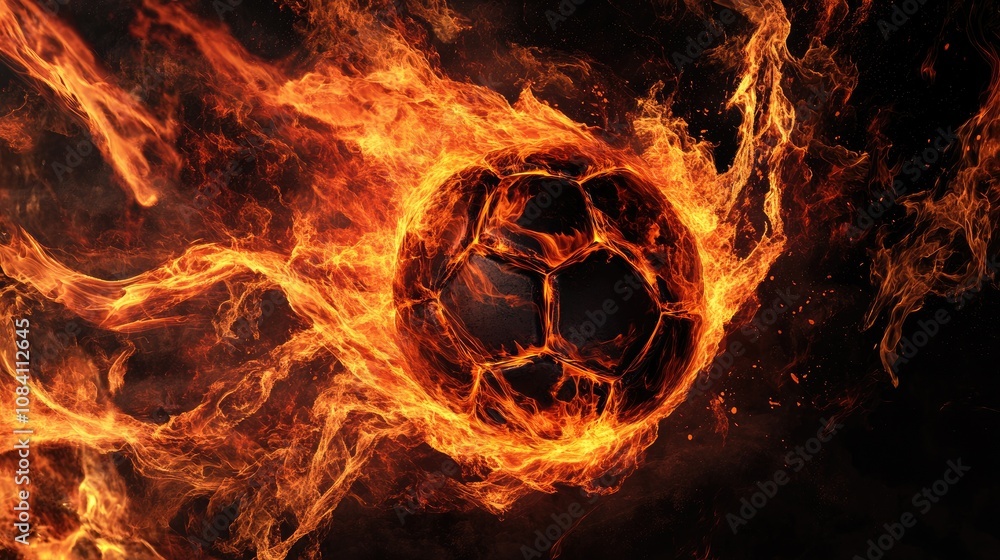 Poster here's a and keyword list suitable for a stock photo site.. fiery soccer ball engulfed in flames, mo