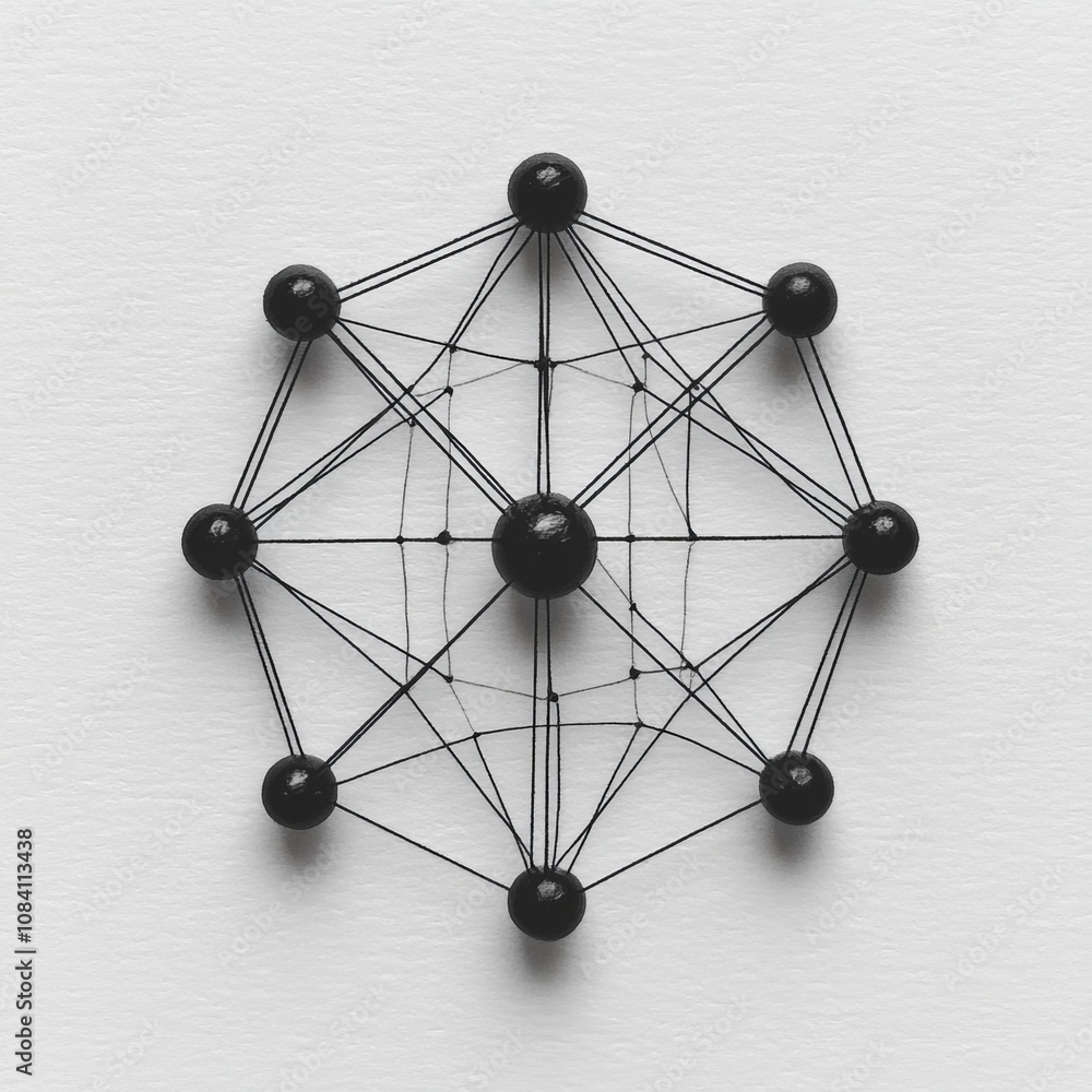 Poster abstract geometric shape made with black balls and string on a white background.