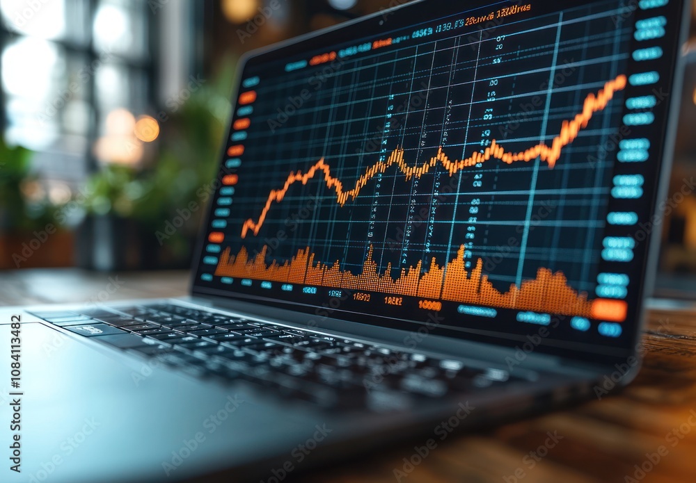 Poster here's a and keyword list for your stock photo.. laptop displays stock market graph showing growth.