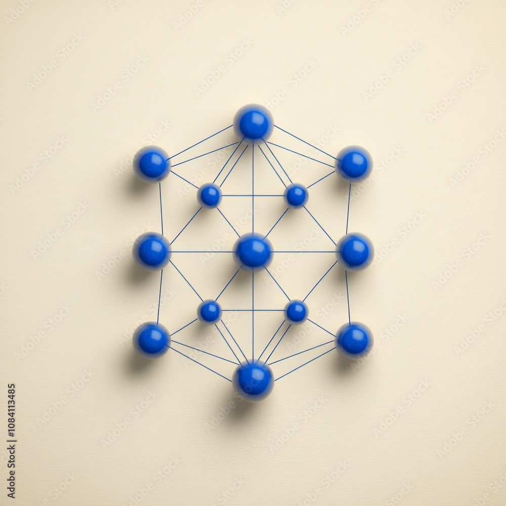 Poster abstract geometric shape with blue spheres and lines connected in a network pattern.