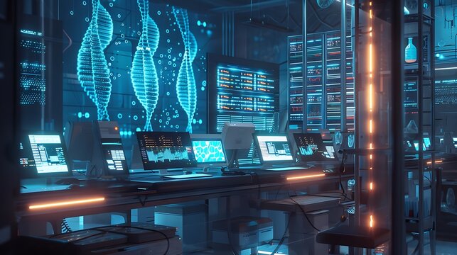 A biotechnology facility with advanced genetic sequencing machines and glowing DNA strands on screens.
