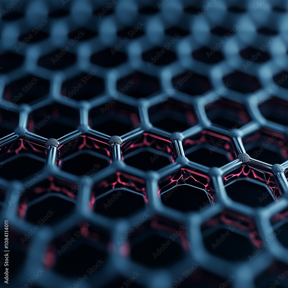 Poster abstract hexagonal pattern with red highlights, reminiscent of a honeycomb or molecular structure.