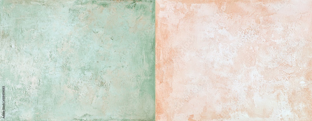 Poster green and pink pastel colored textured backgrounds create a split screen effect, offering a unique a