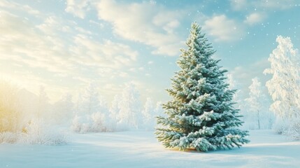 Fototapeta premium A large white pine tree stands in a snow-covered field