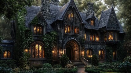 Grand Gothic-style mansion with pointed arches, dramatic lighting, ivy-covered walls
