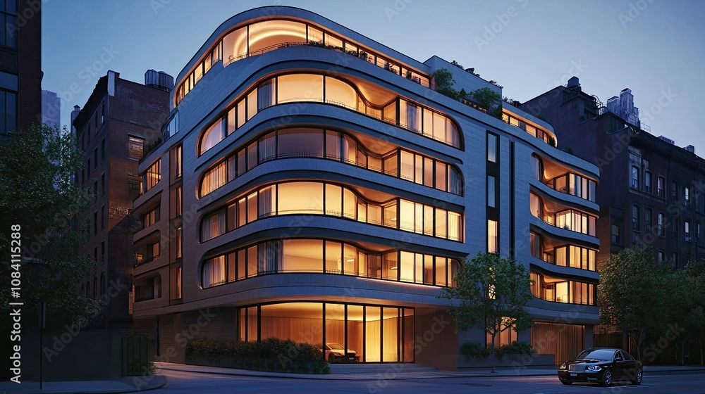 Poster here's a possible and keyword list for your image.. modern luxury apartment building at dusk.