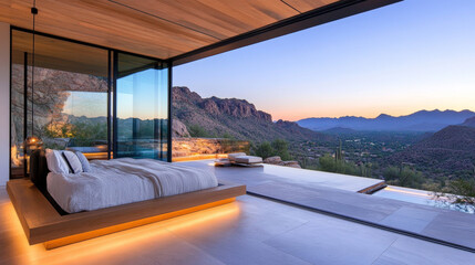 Fototapeta premium A modern bedroom with stunning mountain view, featuring large bed, floor to ceiling windows, and serene outdoor space. warm lighting creates cozy atmosphere, perfect for relaxation