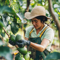 A woman in a straw hat meticulously harvests avocados in a lush, green orchard, showcasing agricultural dedication and environmental harmony.