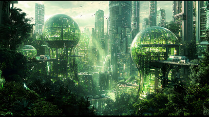 Obraz premium Artistic representation of a future city thriving on the energy produced by artificial photosynthesis 