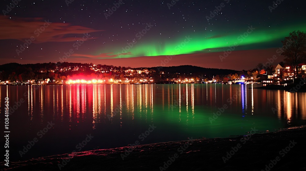 Poster here's a possible and keyword list for the image.. night cityscape reflected in calm lake water, aur