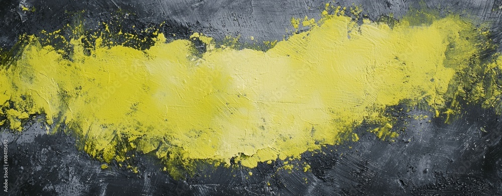 Poster thick brushstrokes of vibrant yellow paint dynamically contrast with a textured gray background, cre