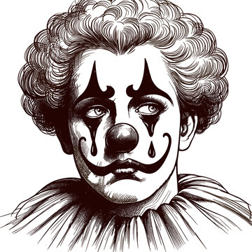 recommend clip art: Hand drawn sketch of the face of a sad crying circus clown in makeup is represented as a vector illustration