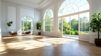 Fototapeta premium A bright and spacious interior featuring large windows that allow natural light to flood room. elegant design includes potted plants and comfortable seating, creating serene atmosphere