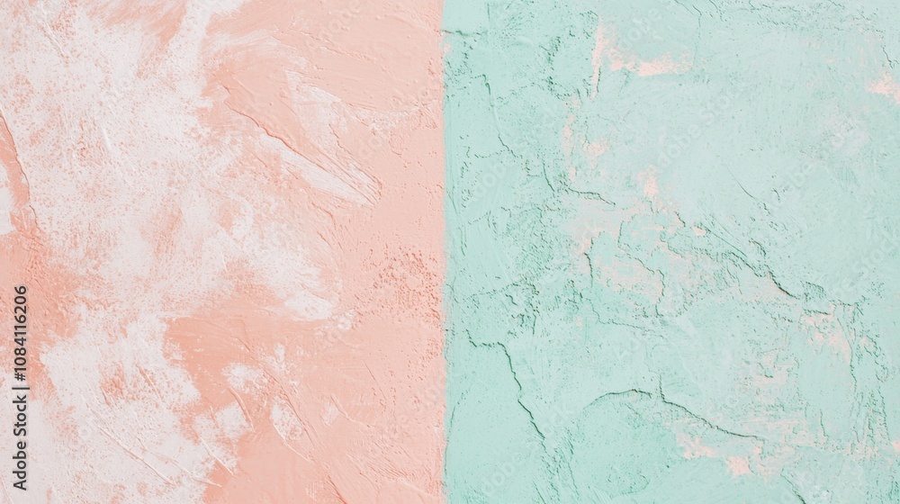 Poster decorative plaster texture showcasing light green and peach colors creating a split background, perf