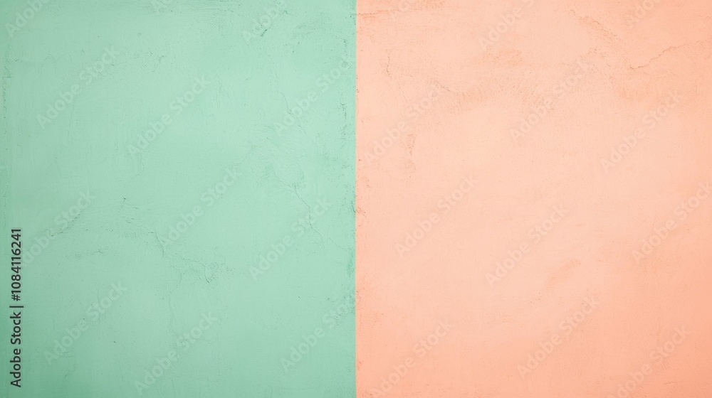 Poster peach and green pastel colors split a wall background, creating a striking two-tone effect with subt