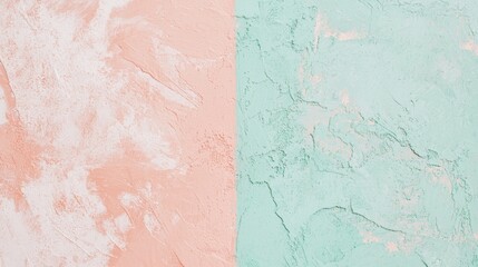 Obraz premium Decorative plaster texture showcasing light green and peach colors creating a split background, perfect for design projects and adding a touch of elegance